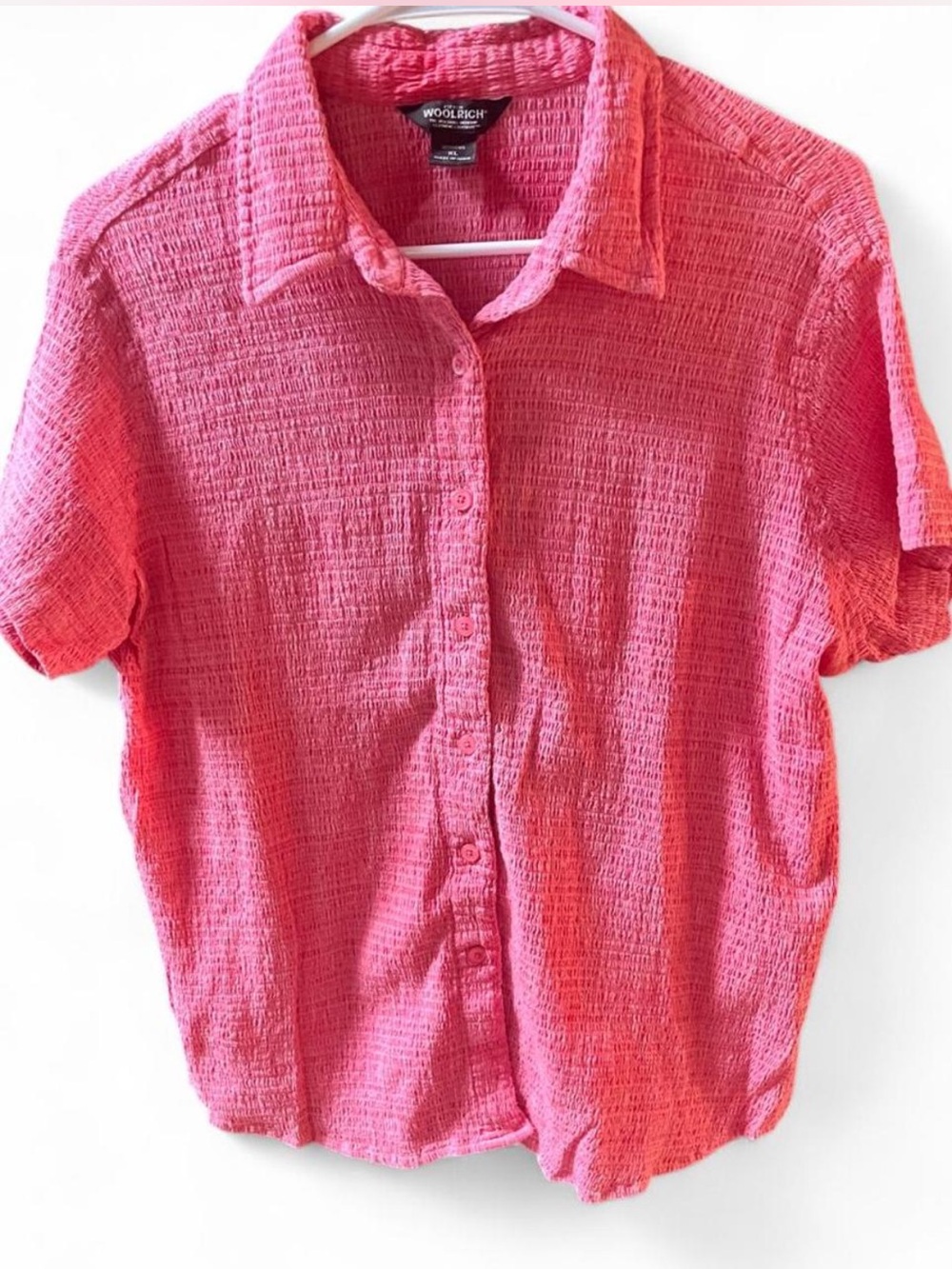 Woolrich Short Sleeve Button Down Blouse Pink Smocked Seersucker Top XL